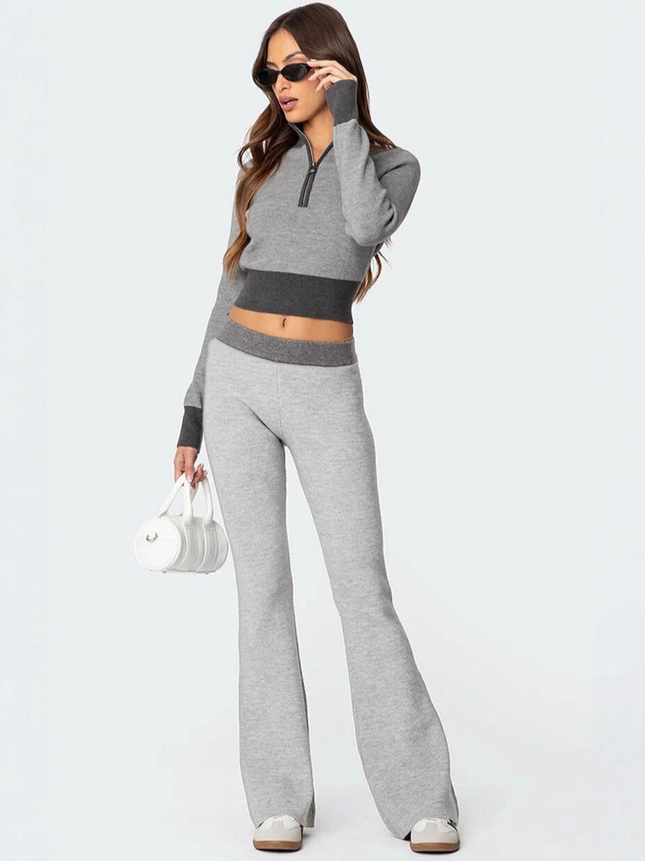 Ribbed Color-Block Flared Pants with Contrast Waistband