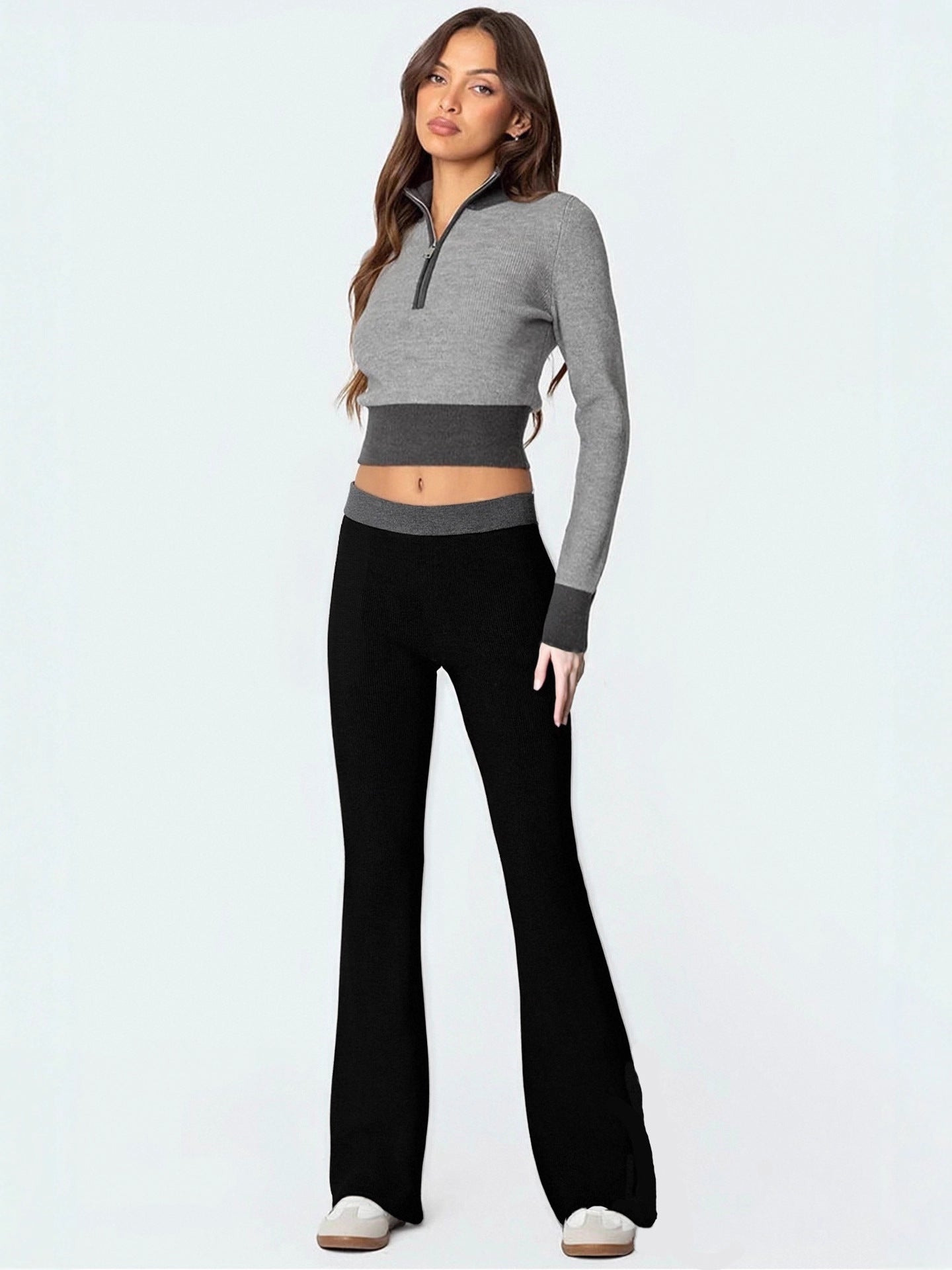 Ribbed Color-Block Flared Pants with Contrast Waistband