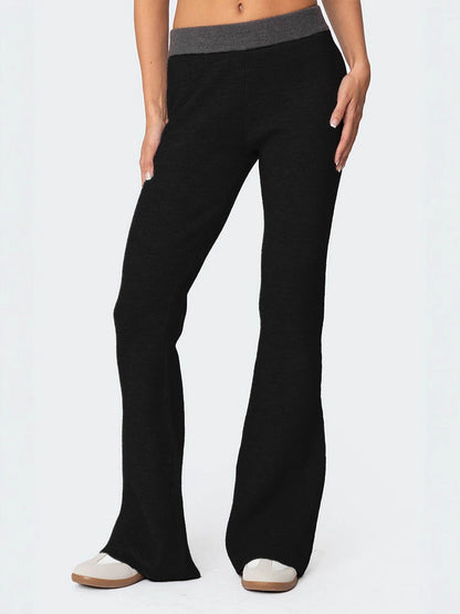 Ribbed Color-Block Flared Pants with Contrast Waistband