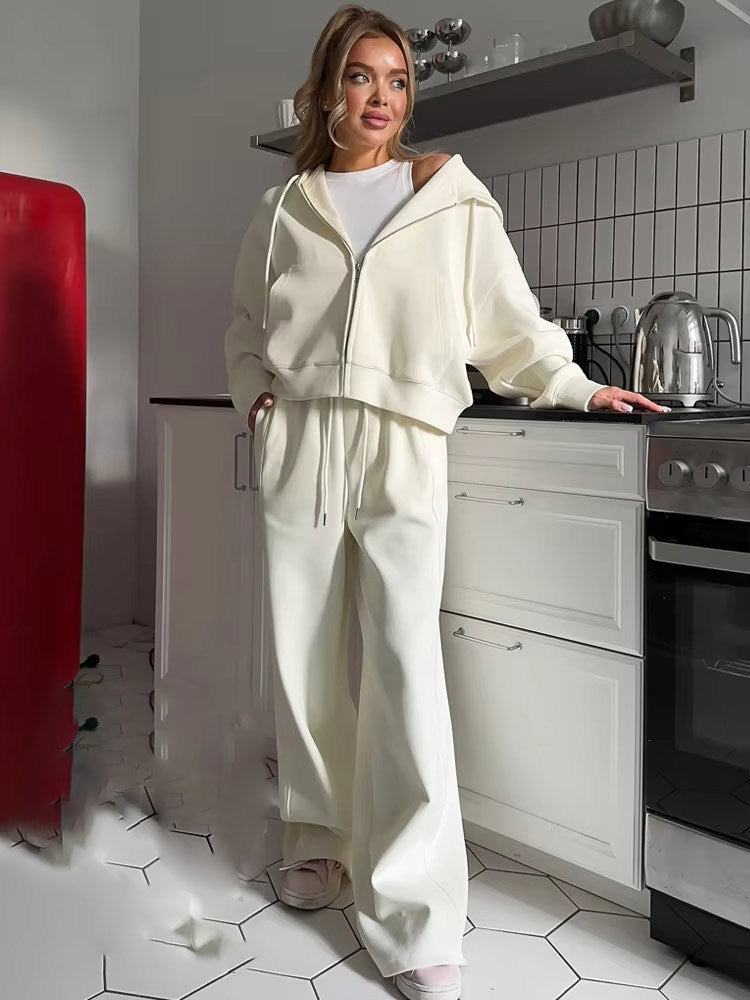 Solid Wide-Leg Sweatpants Set with Cropped Zip-Up Hoodie