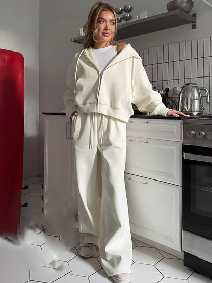 Solid Wide-Leg Sweatpants Set with Cropped Zip-Up Hoodie