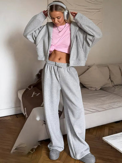 Solid Wide-Leg Sweatpants Set with Cropped Zip-Up Hoodie