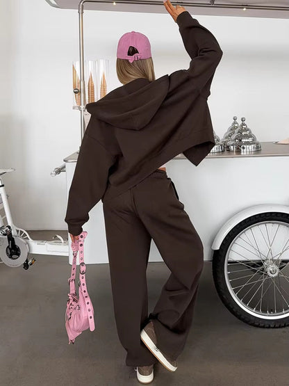 Solid Wide-Leg Sweatpants Set with Cropped Zip-Up Hoodie