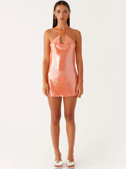 Sequined Mini Slip Dress with Halter Neck and Keyhole Detail
