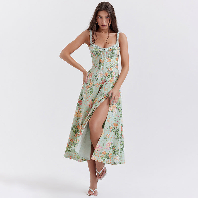 Floral A-Line Midi Dress with Bustier Bodice and Slit