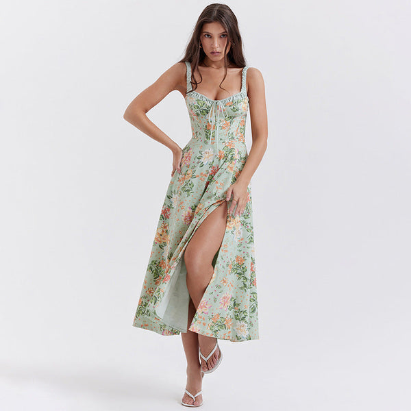 Floral A-Line Midi Dress with Bustier Bodice and Slit