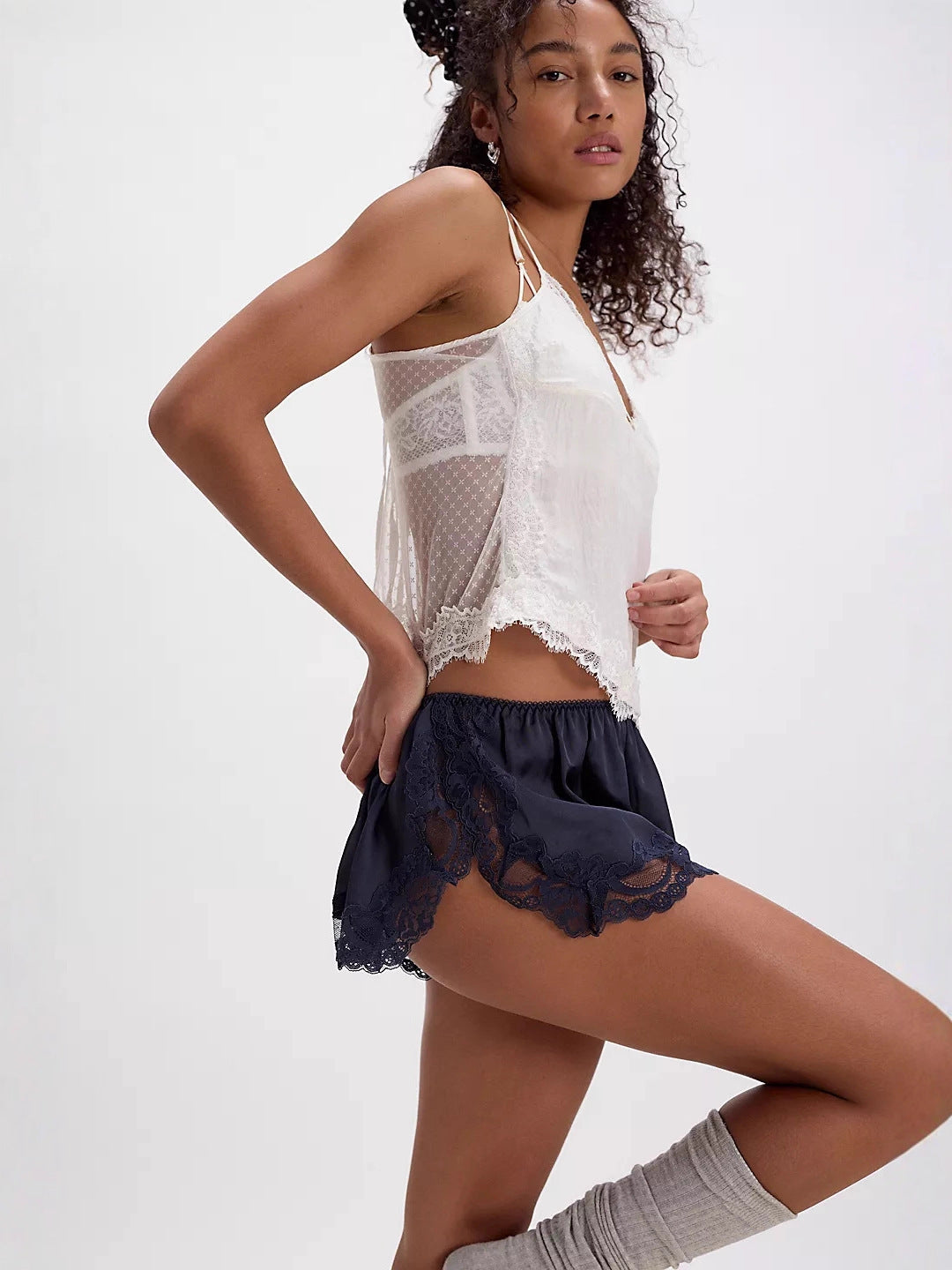 High-Waist Satin Shorts with Scalloped Lace Trim