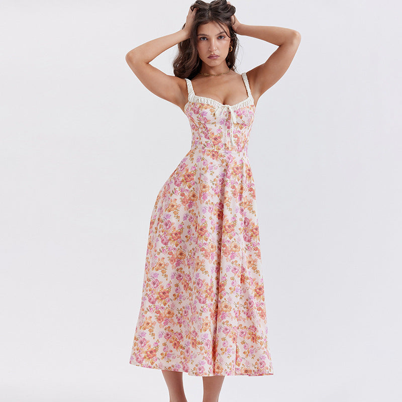 Floral A-Line Midi Dress with Bustier Bodice and Slit