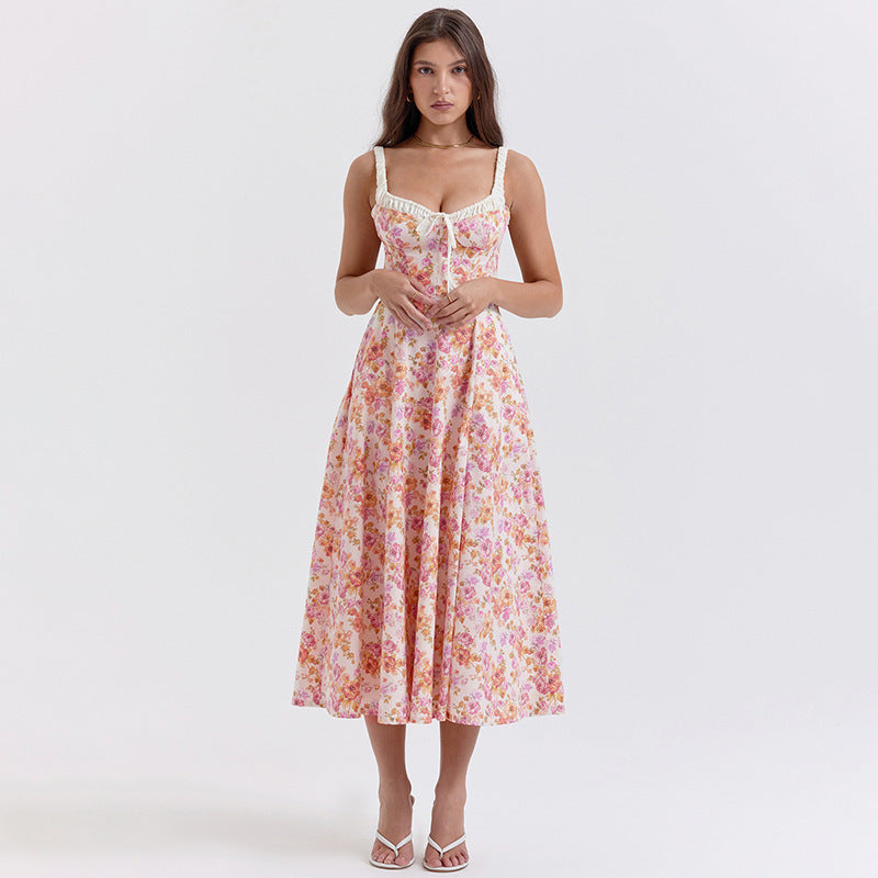 Floral A-Line Midi Dress with Bustier Bodice and Slit