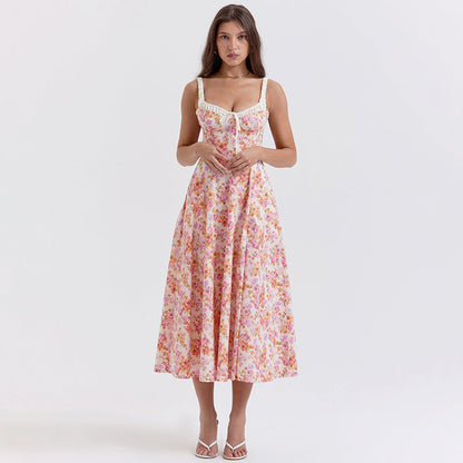 Floral A-Line Midi Dress with Bustier Bodice and Slit