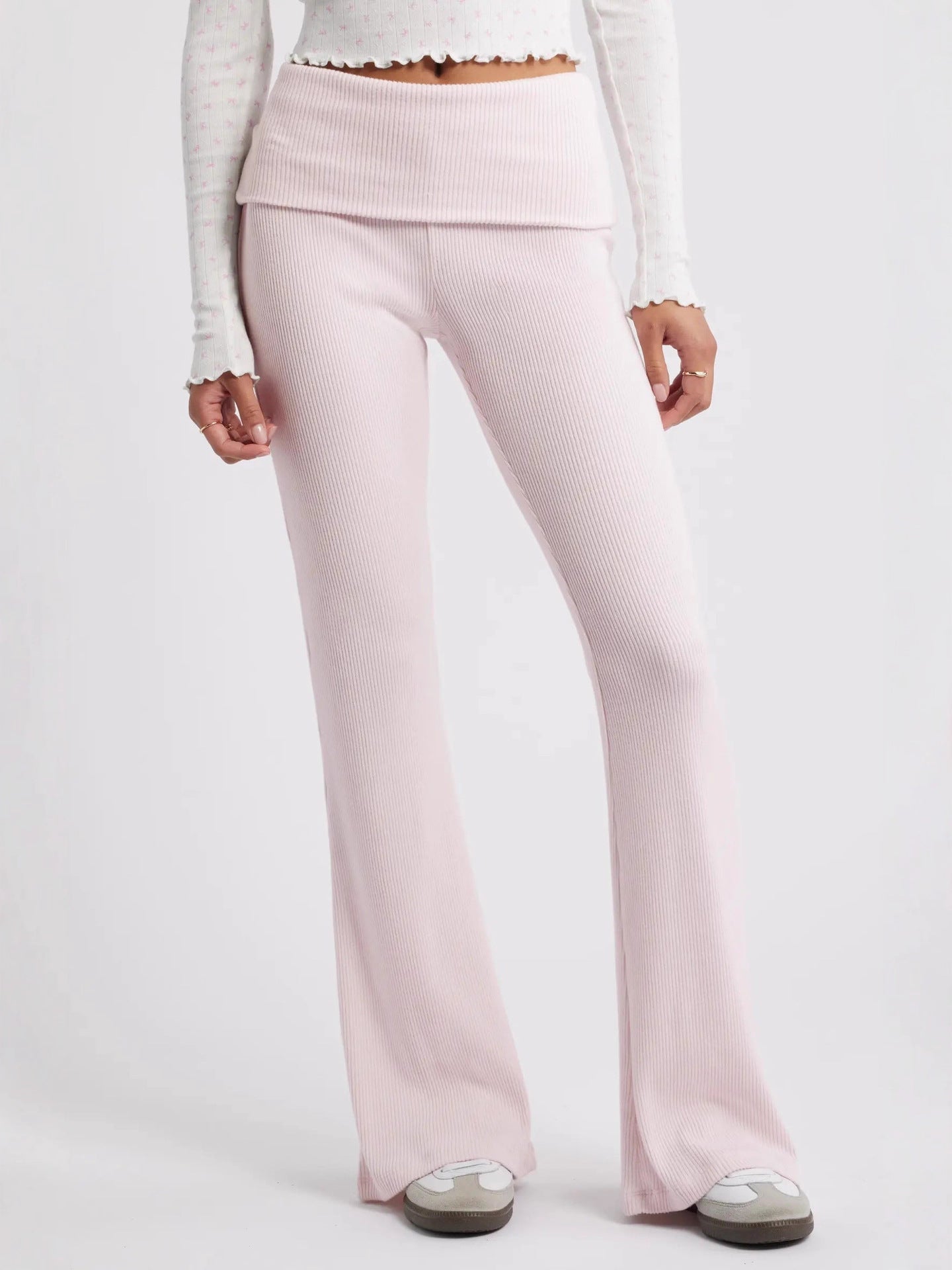 Ribbed Knit Flared Pants with Fold-Over Waistband