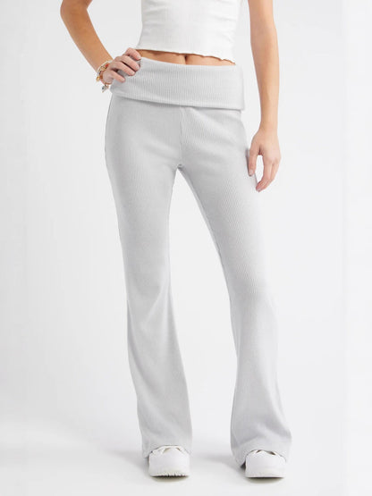 Ribbed Knit Flared Pants with Fold-Over Waistband