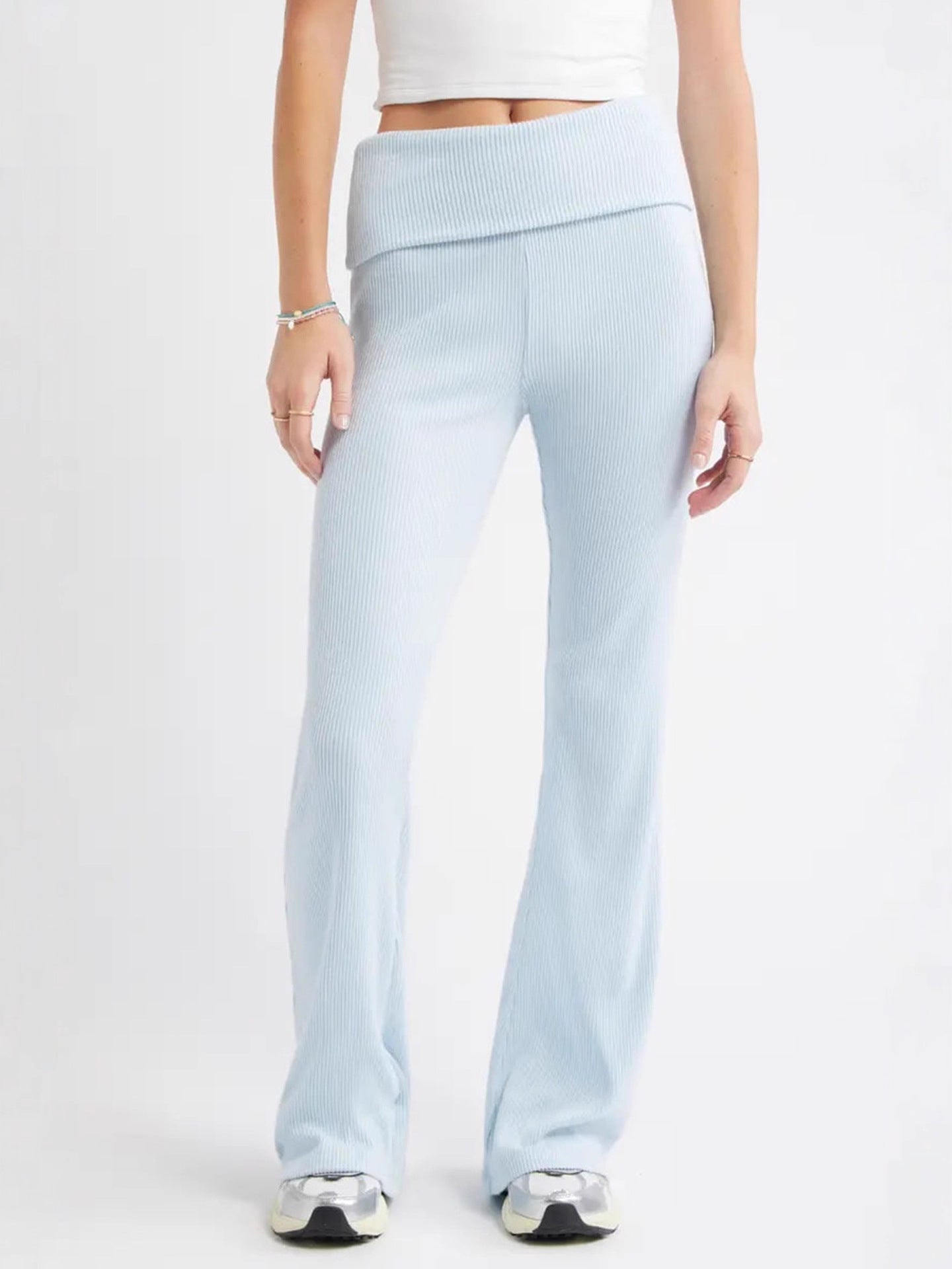 Ribbed Knit Flared Pants with Fold-Over Waistband