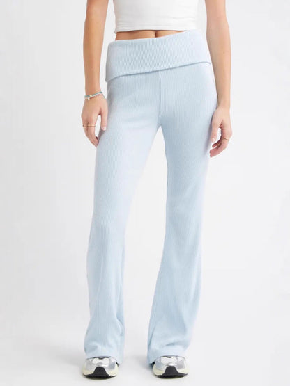 Ribbed Knit Flared Pants with Fold-Over Waistband