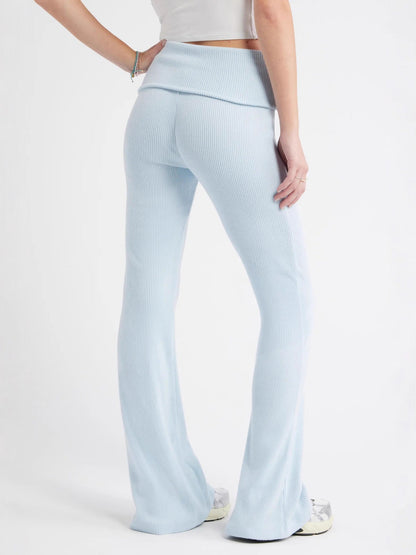 Ribbed Knit Flared Pants with Fold-Over Waistband