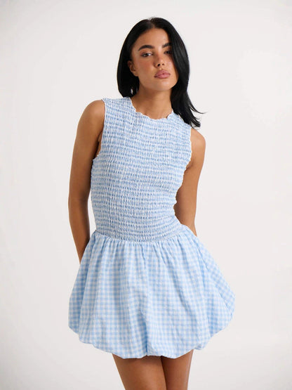 Gingham Smocked Mini Dress with Mock Neck and Bubble Hem