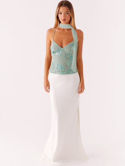Floral Sequined Camisole Top with Matching Scarf