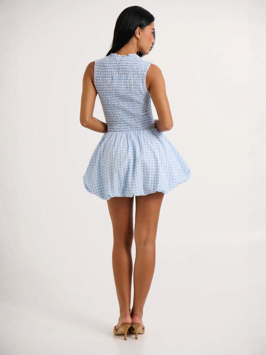 Gingham Smocked Mini Dress with Mock Neck and Bubble Hem