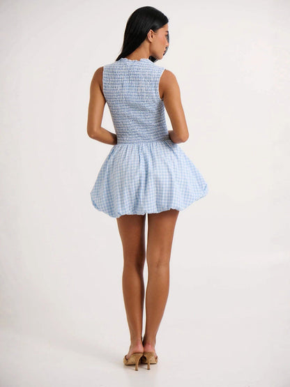 Gingham Smocked Mini Dress with Mock Neck and Bubble Hem