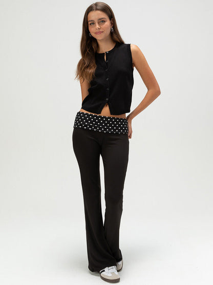 Flared Wide-Leg Pants with Polka Dot Fold-Over Waistband