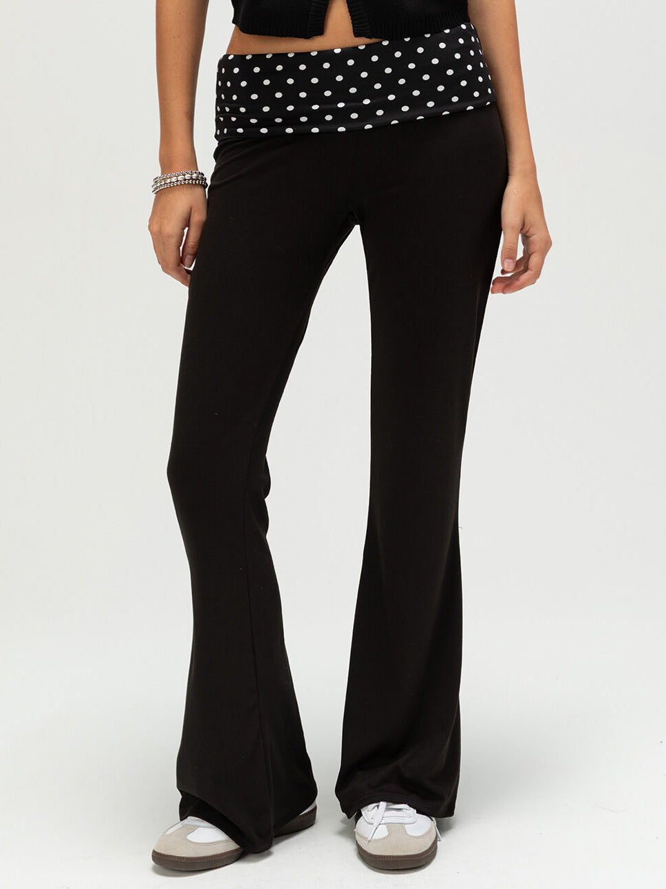 Flared Wide-Leg Pants with Polka Dot Fold-Over Waistband