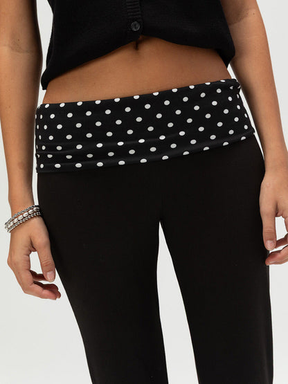 Flared Wide-Leg Pants with Polka Dot Fold-Over Waistband