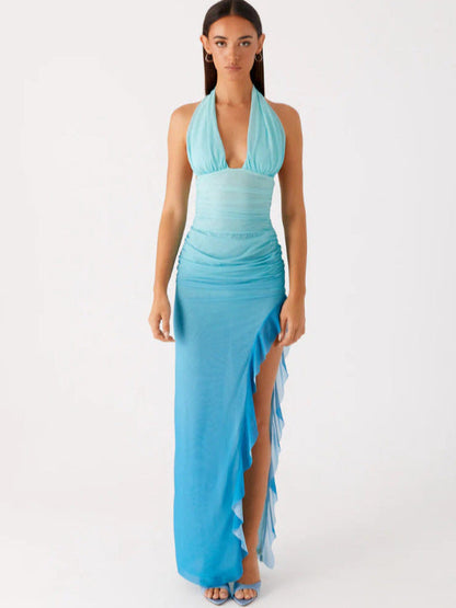 Ruched Halter Maxi Dress with Backless Detail and Ruffled Slit