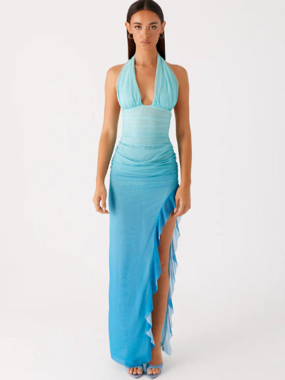 Ruched Halter Maxi Dress with Backless Detail and Ruffled Slit