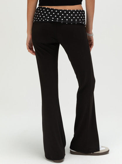 Flared Wide-Leg Pants with Polka Dot Fold-Over Waistband