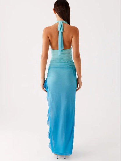 Ruched Halter Maxi Dress with Backless Detail and Ruffled Slit