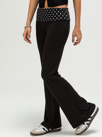Flared Wide-Leg Pants with Polka Dot Fold-Over Waistband