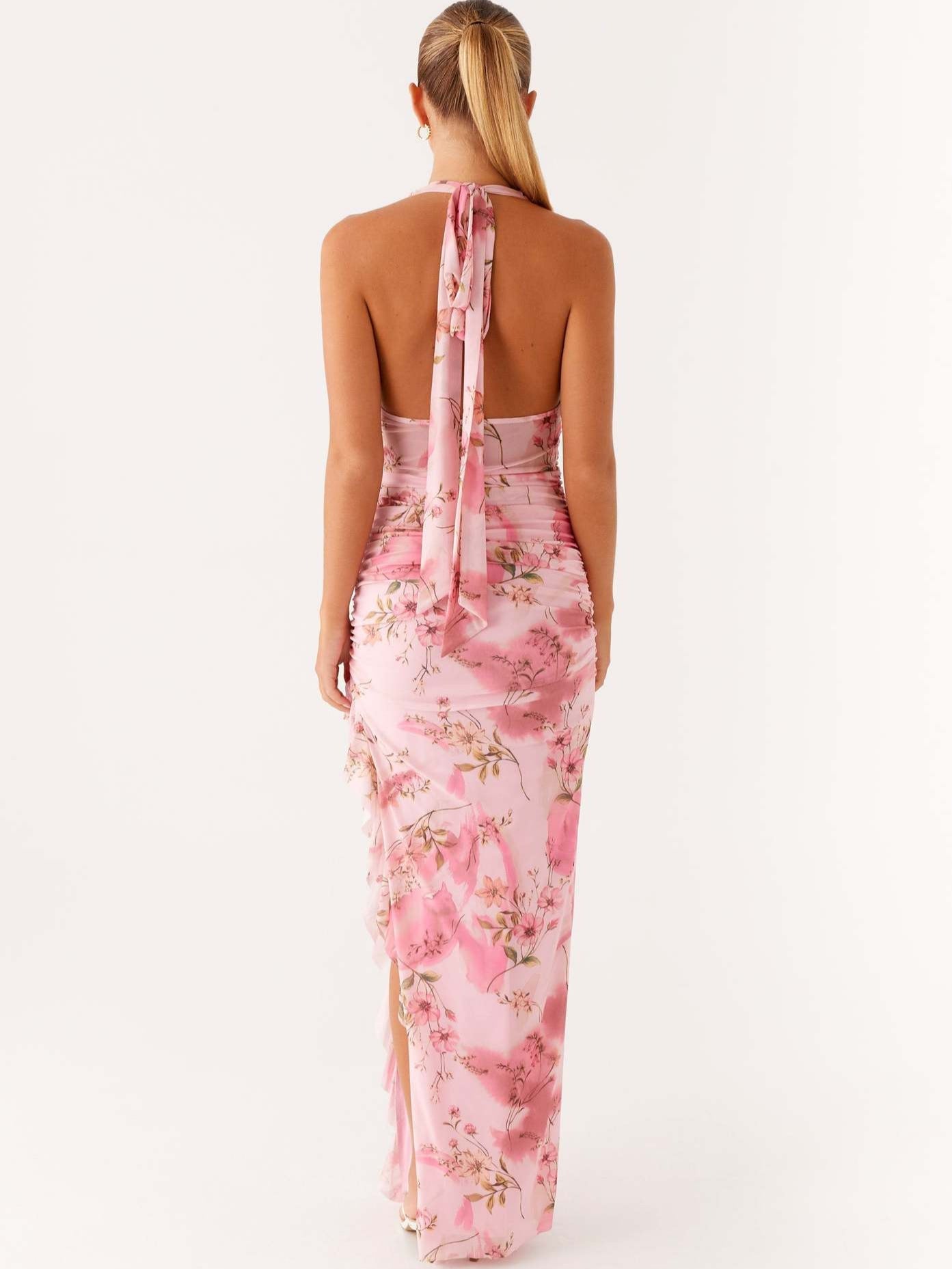 Ruched Halter Maxi Dress with Backless Detail and Ruffled Slit