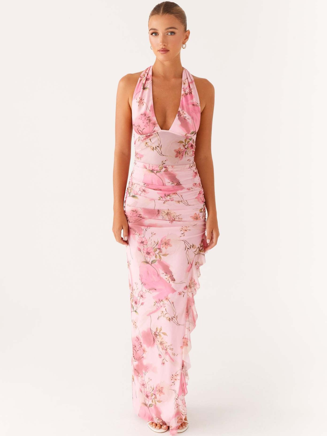 Ruched Halter Maxi Dress with Backless Detail and Ruffled Slit