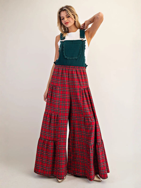 Tiered Wide-Leg Plaid Overalls with Scalloped Trim