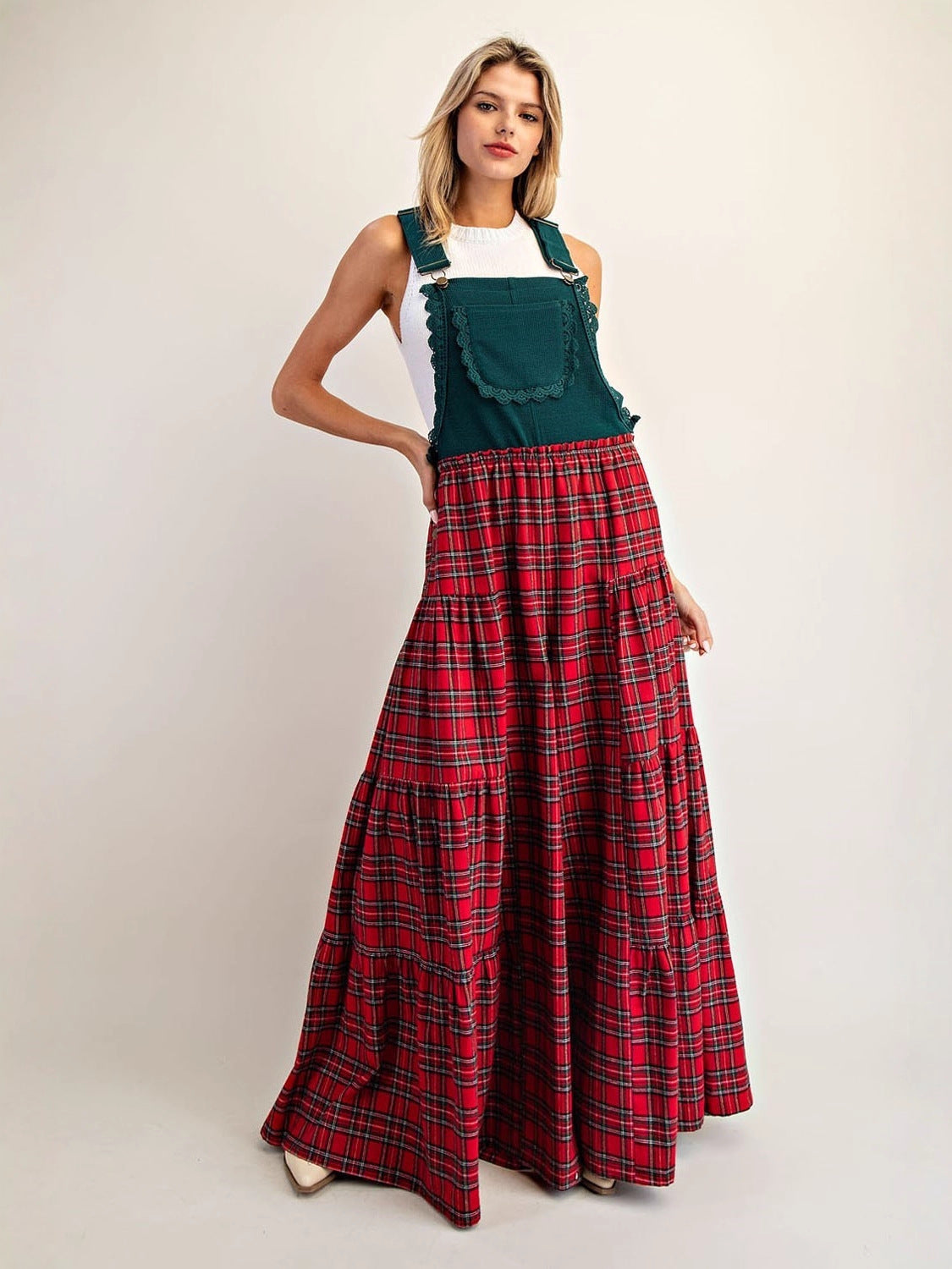 Tiered Wide-Leg Plaid Overalls with Scalloped Trim