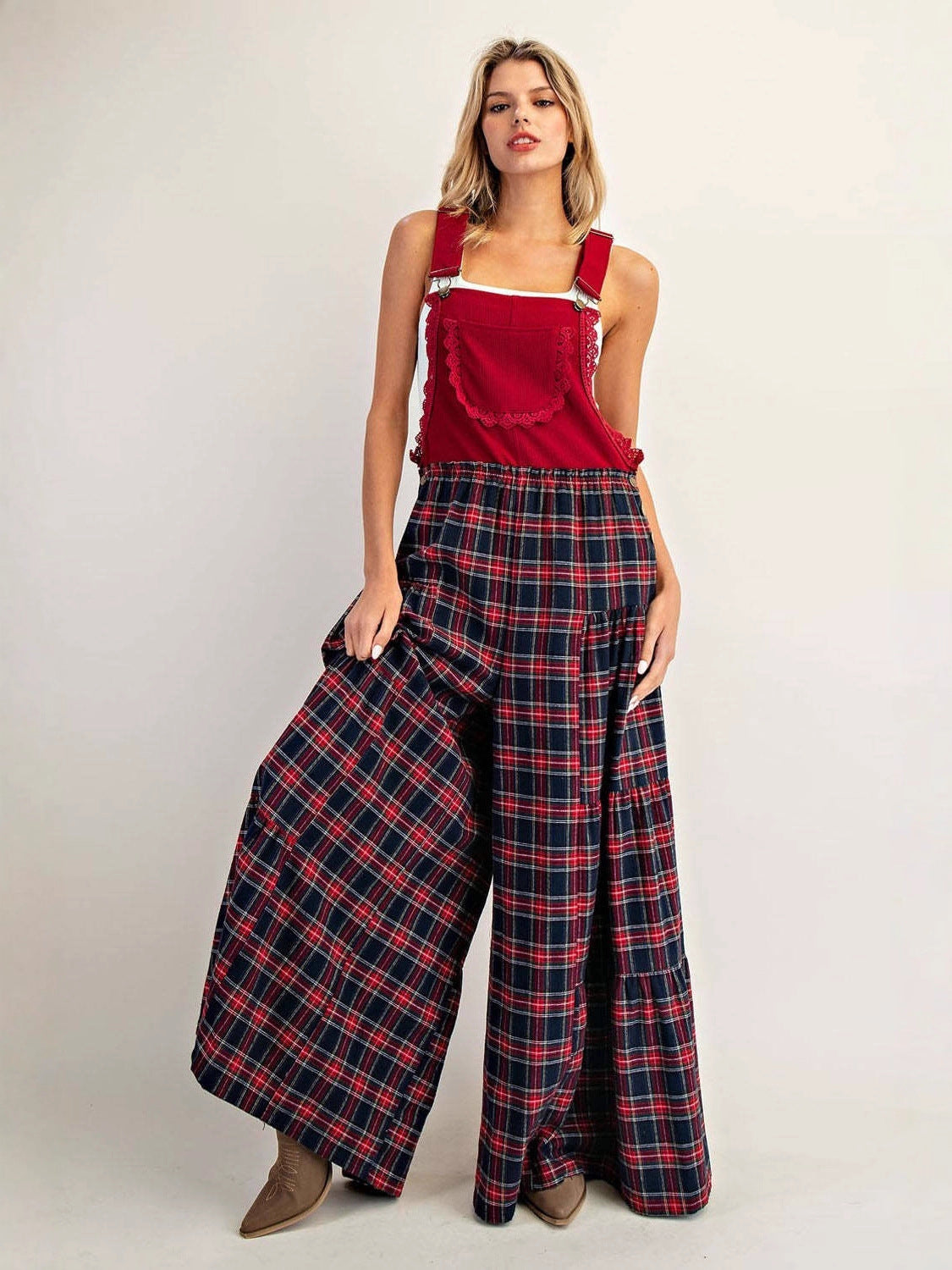 Tiered Wide-Leg Plaid Overalls with Scalloped Trim