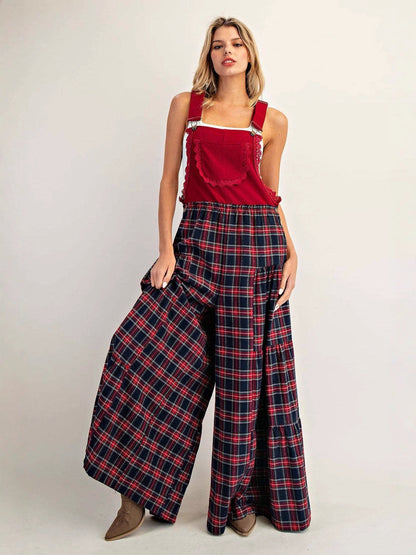 Tiered Wide-Leg Plaid Overalls with Scalloped Trim