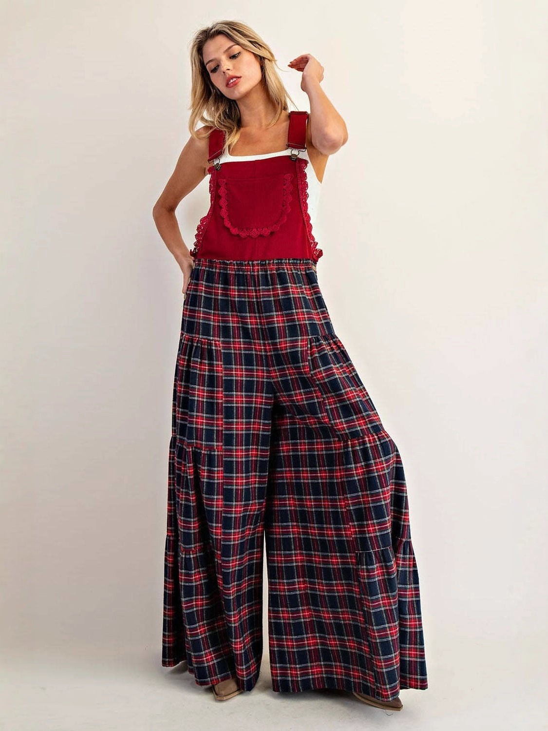Tiered Wide-Leg Plaid Overalls with Scalloped Trim