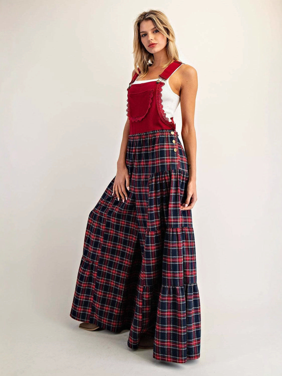 Tiered Wide-Leg Plaid Overalls with Scalloped Trim