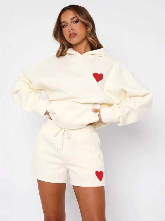 Loose Fit Heart Print Hoodie and Shorts Two-Piece Set