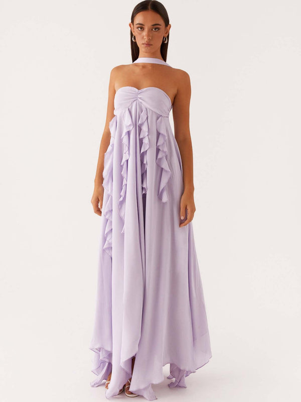 Ruffled Chiffon Maxi Dress with Halterneck and Open Back