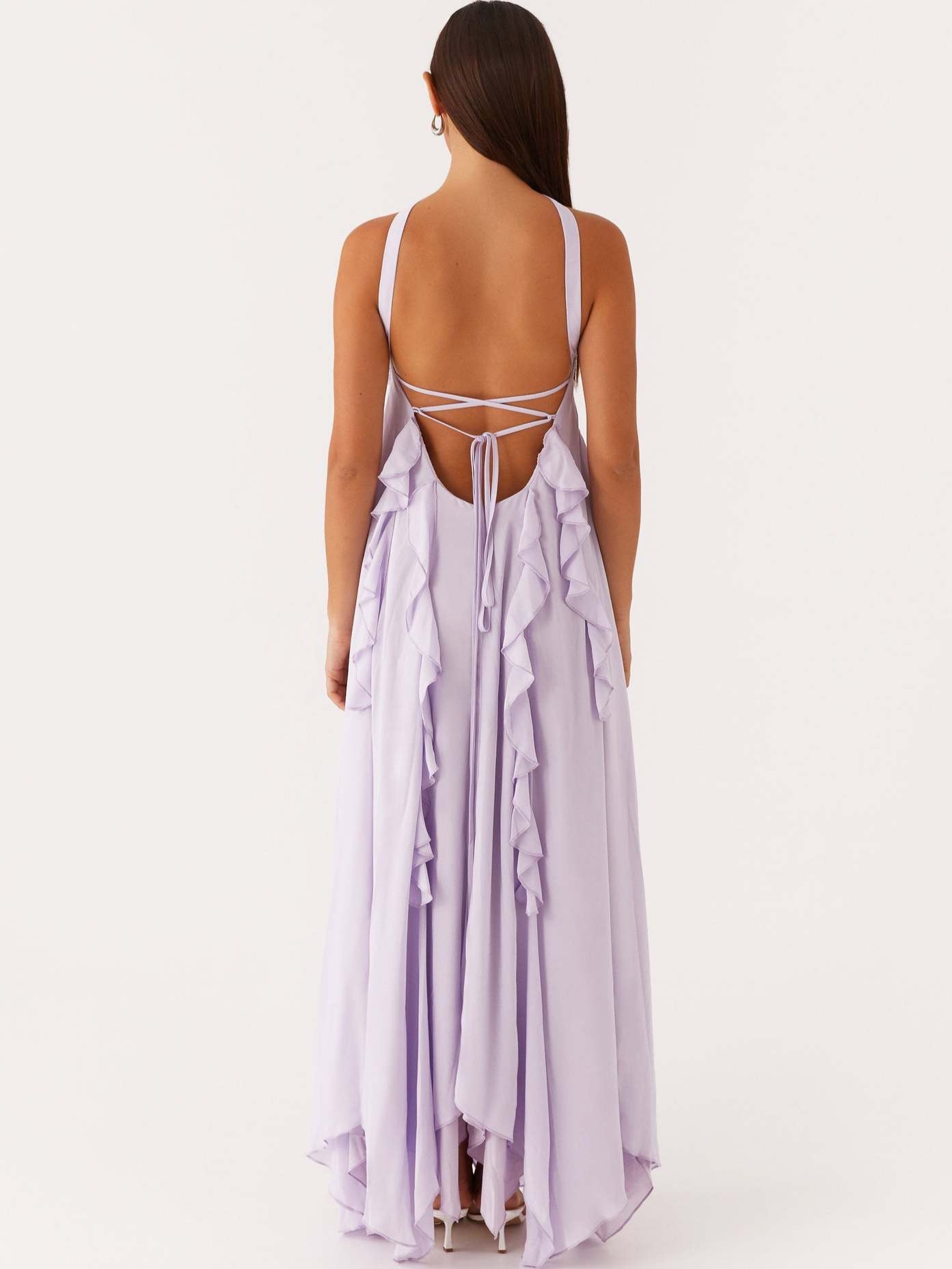 Ruffled Chiffon Maxi Dress with Halterneck and Open Back