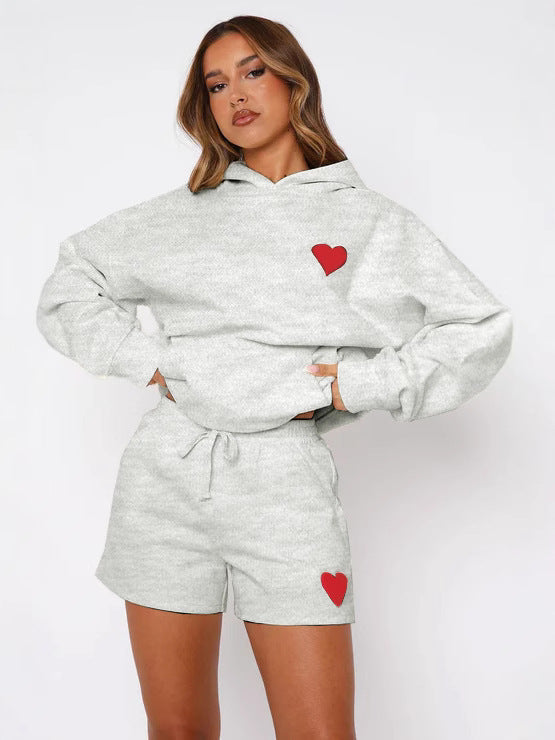 Loose Fit Heart Print Hoodie and Shorts Two-Piece Set