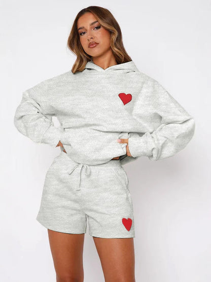 Loose Fit Heart Print Hoodie and Shorts Two-Piece Set
