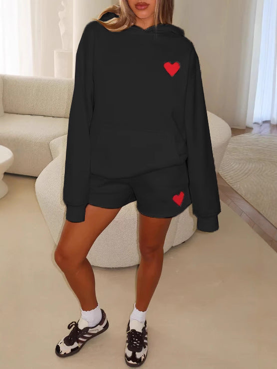 Loose Fit Heart Print Hoodie and Shorts Two-Piece Set