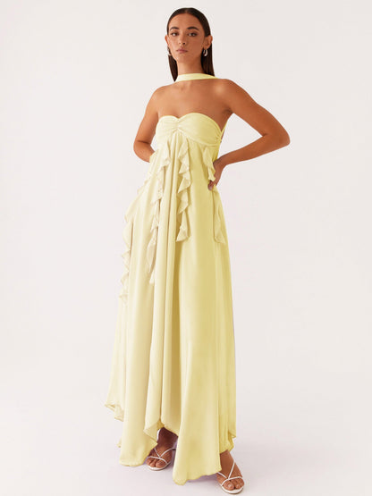 Ruffled Chiffon Maxi Dress with Halterneck and Open Back