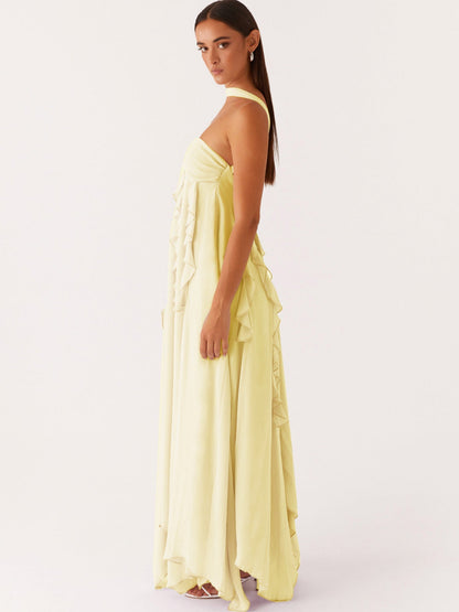 Ruffled Chiffon Maxi Dress with Halterneck and Open Back