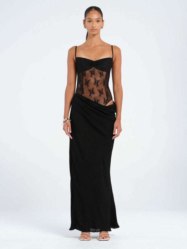 Mermaid Maxi Dress with Lace Bodice and Asymmetrical Draped Waist