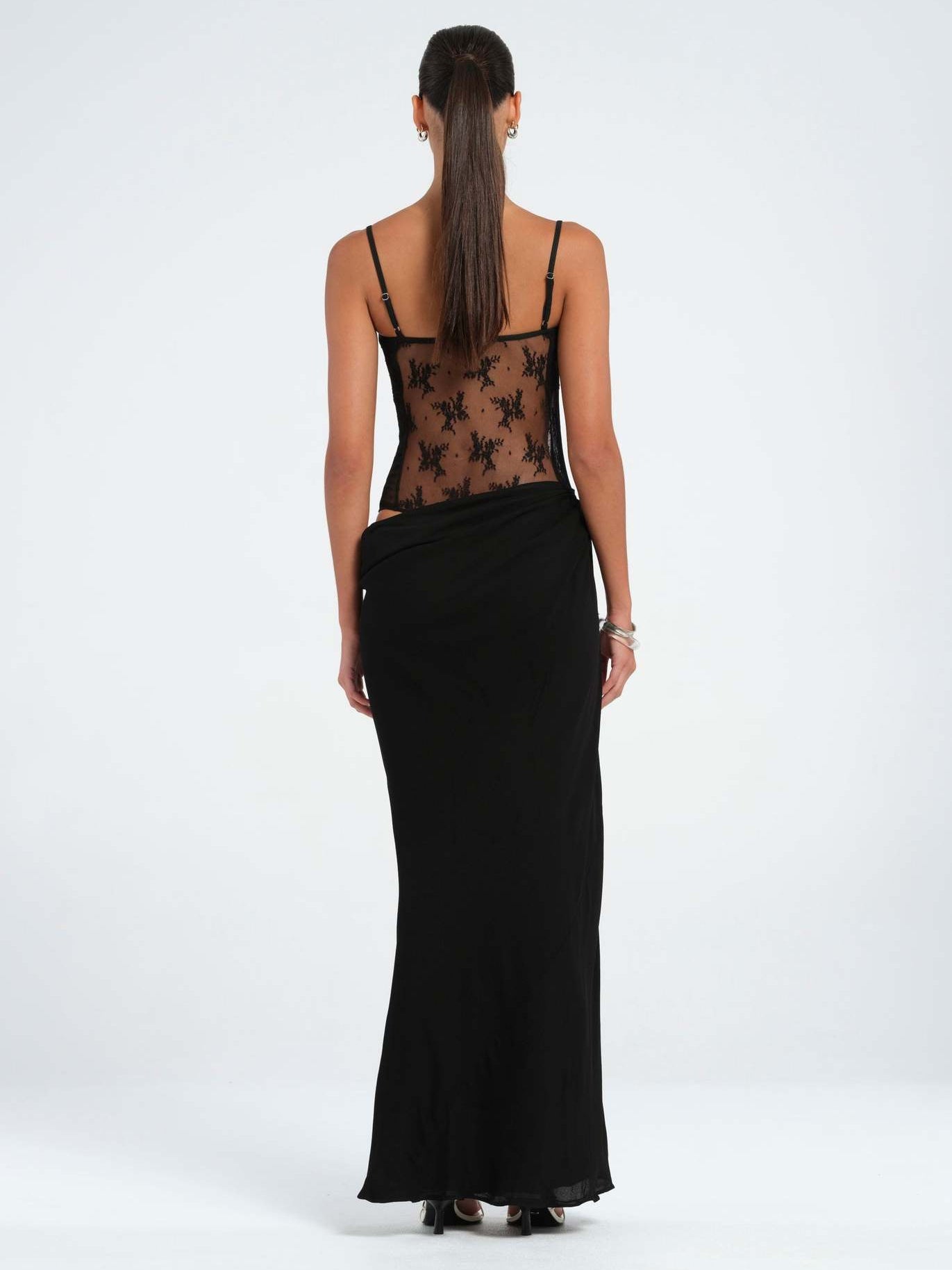 Mermaid Maxi Dress with Lace Bodice and Asymmetrical Draped Waist