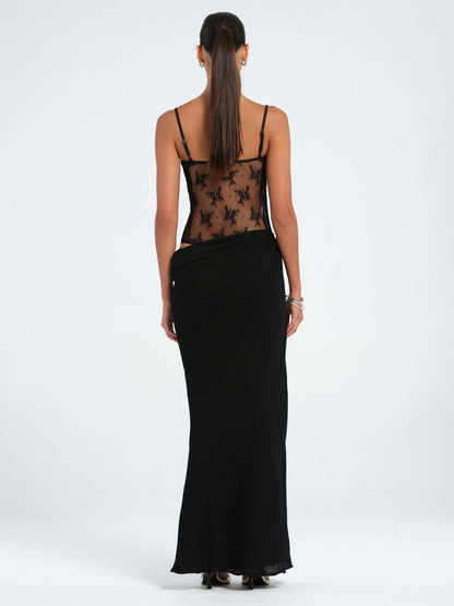Mermaid Maxi Dress with Lace Bodice and Asymmetrical Draped Waist